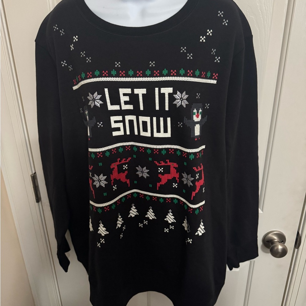 Just My Size Black Holiday Sweatshirt Let It Snow Penguins Reindeer Size 4X NWOT